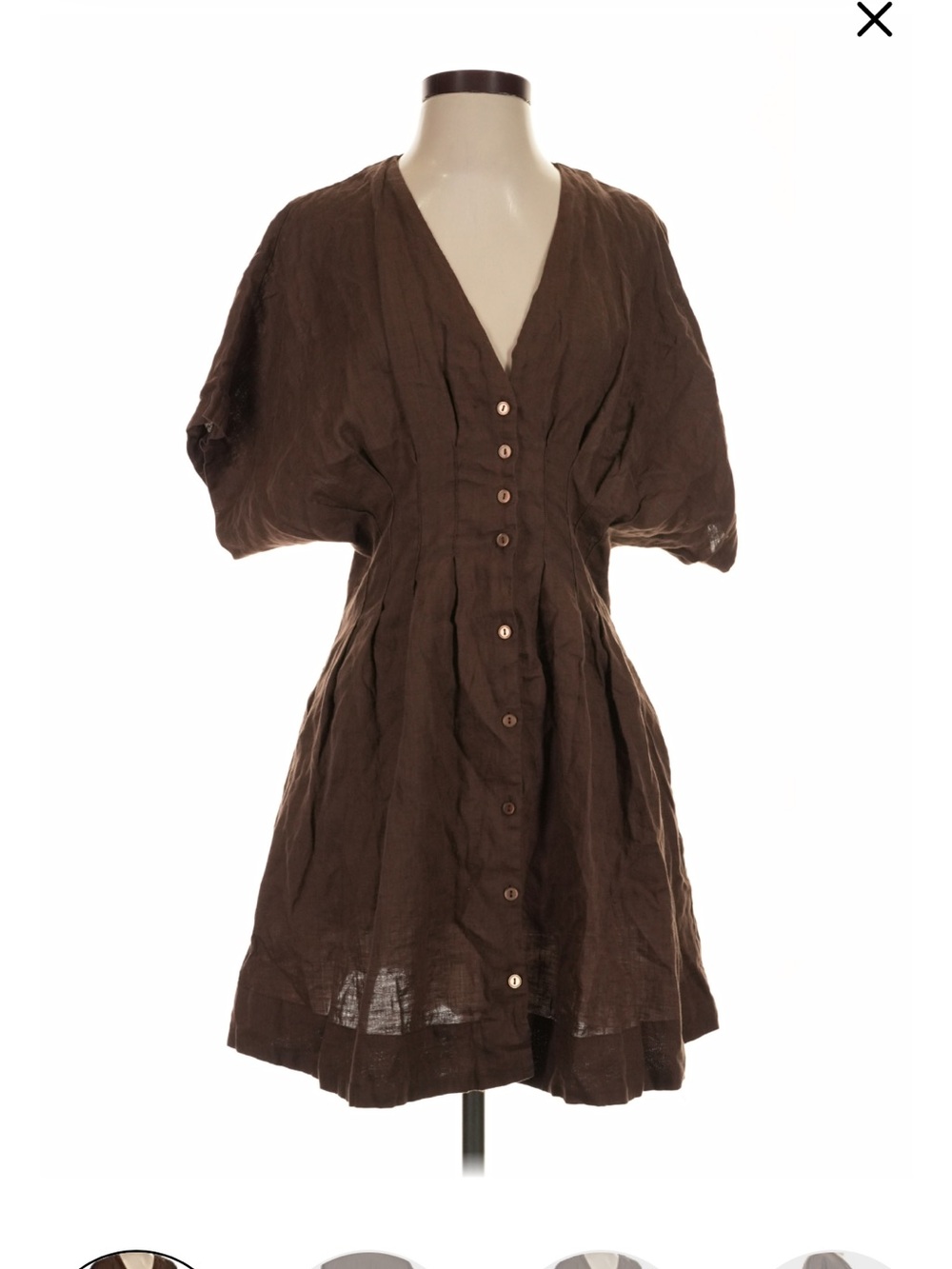 Brown Short-Sleeve V-Neck Mini Dress with Button Front
